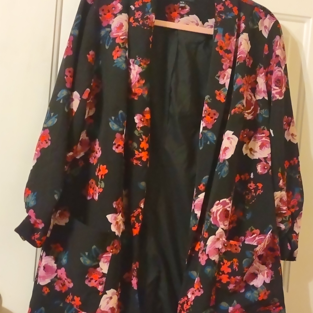 Lane Bryant Black Blazer with Pink and Red Floral Design